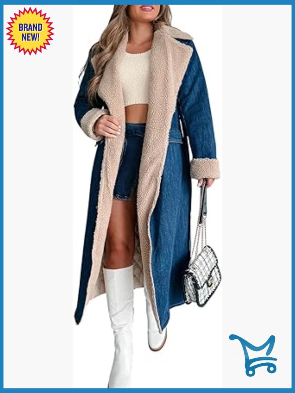 Warm Sherpa Lined Denim Trench Coat with Belt